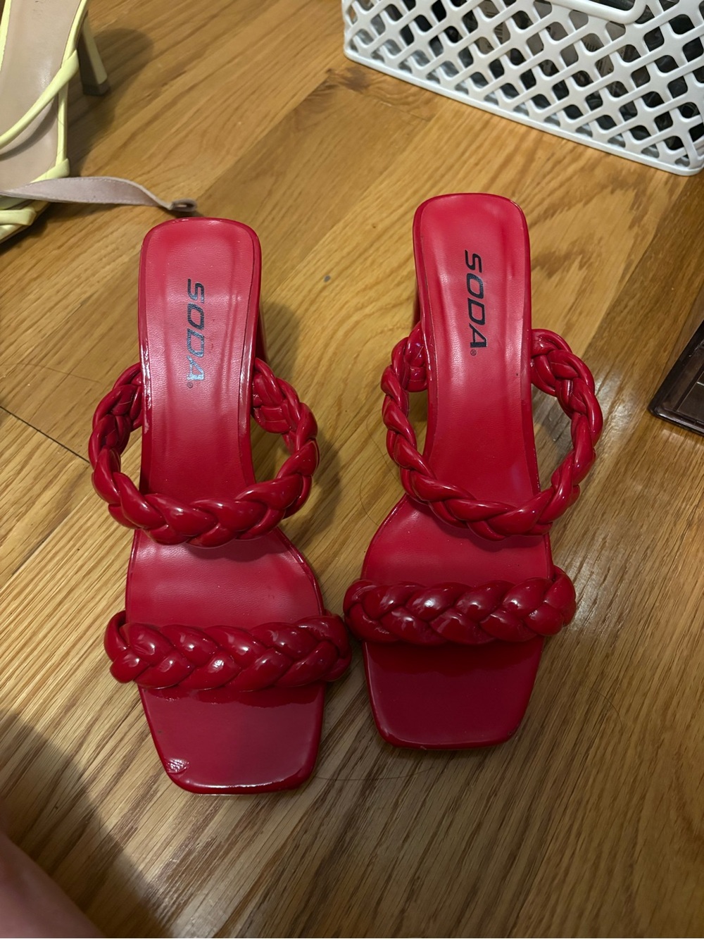 Soda Red Braided Strap Square-Toe Heeled Sandals